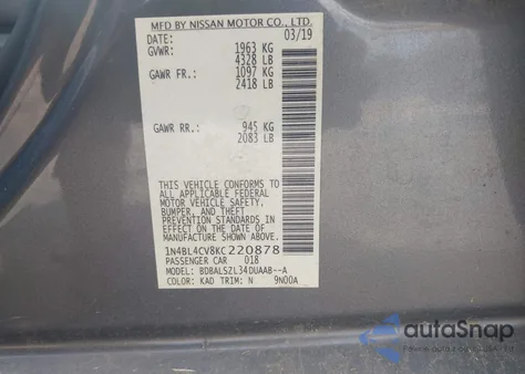 2019 Nissan Altima 2.5 Sr z USA, uszkodzony, nr VIN 1N4BL4CV8KC220878